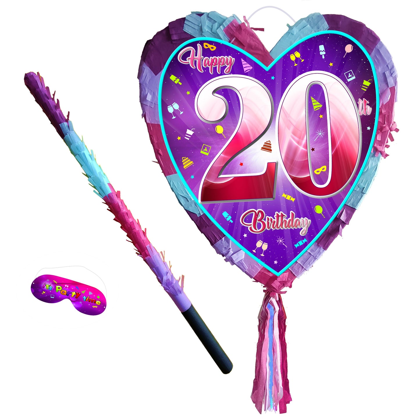 20th Birthday heart pinata with stick twenty Piñata girls Party love theme supplies happy Game twentieth year pink purple fun 20 adult age