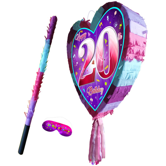 20th Birthday heart pinata with stick twenty Piñata girls Party love theme supplies happy Game twentieth year pink purple fun 20 adult age