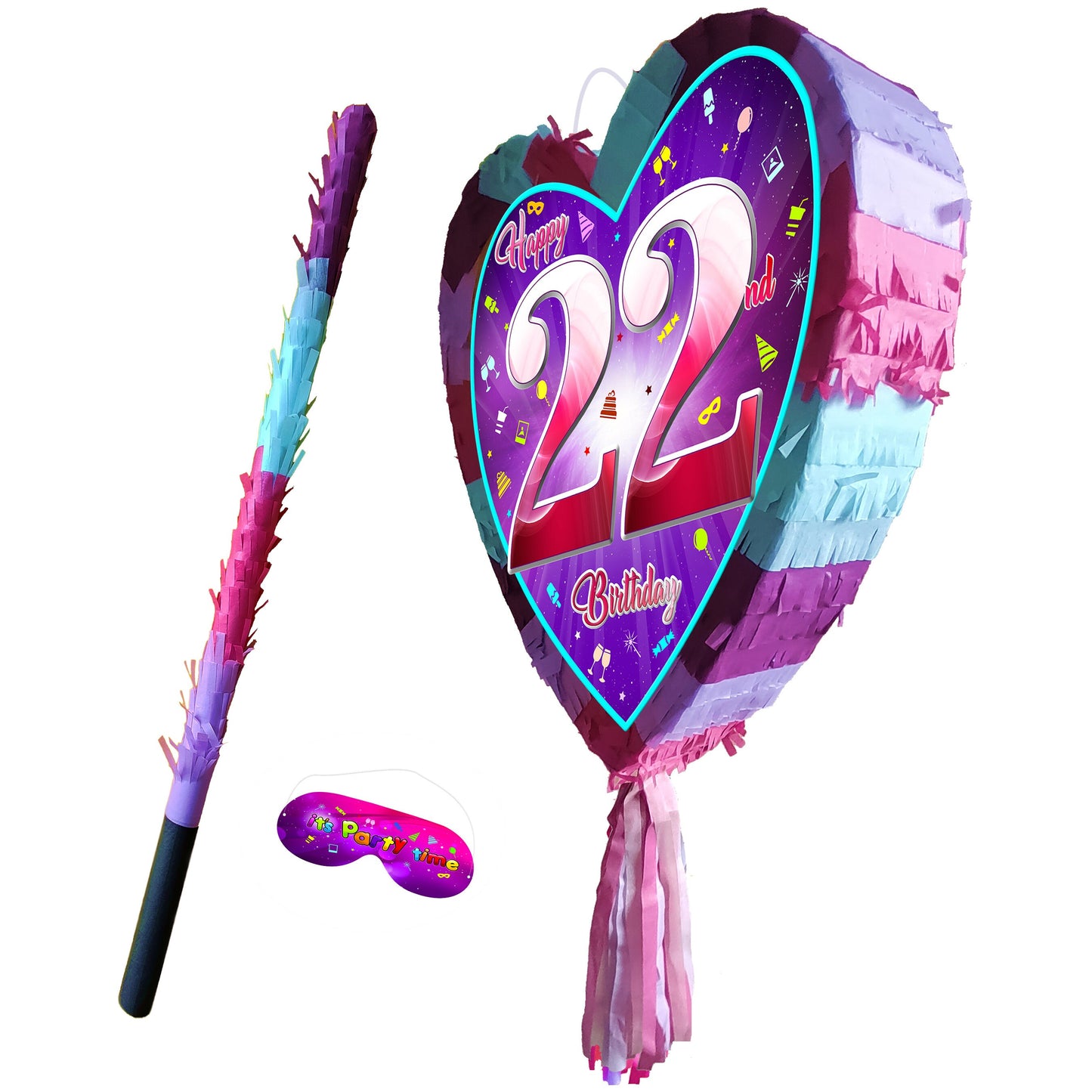 22nd Birthday heart pinata with stick twenty-two Piñata girls Party love theme supplies happy Game twenty-second year pink purple fun 22