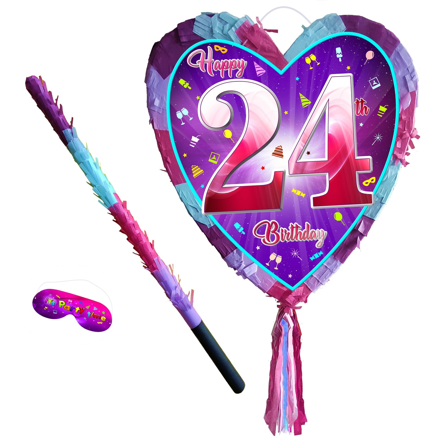 24th Birthday heart pinata with stick twenty-four Piñata girls Party love theme supplies happy Game twenty-fourth year pink purple fun 24 UK