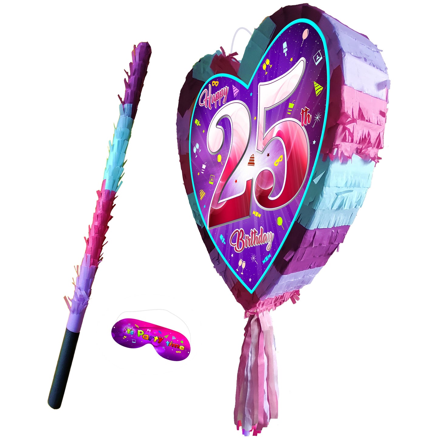 25th Birthday heart pinata with stick twenty-five Piñata girls Party love theme supplies happy Game twenty-fifth year pink purple fun 25 UK