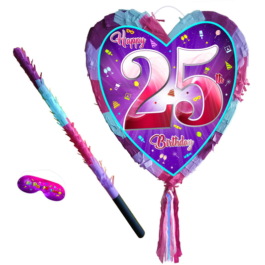 25th Birthday heart pinata with stick twenty-five Piñata girls Party love theme supplies happy Game twenty-fifth year pink purple fun 25 UK