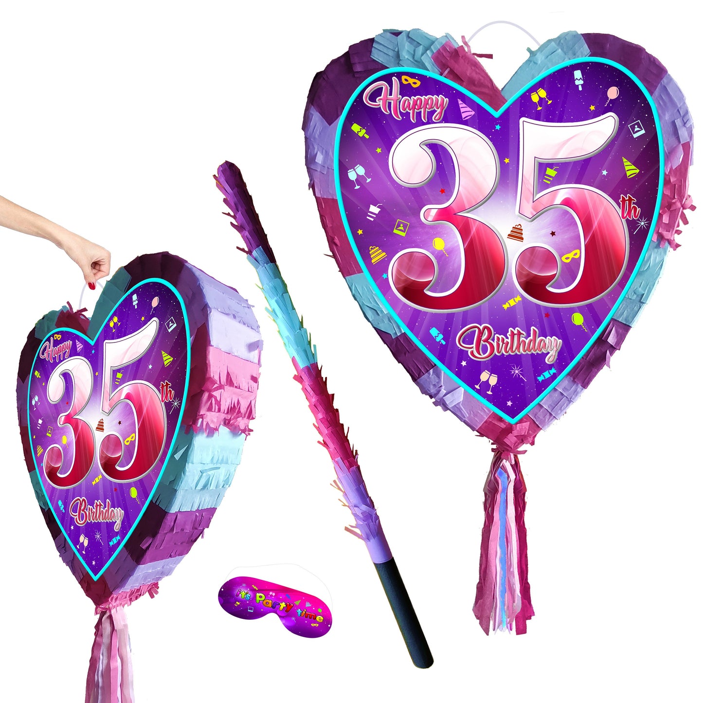 35th Birthday heart pinata with stick thirty-five Piñata girls Party love theme supplies happy Game thirty-fifth year pink purple fun 35 UK