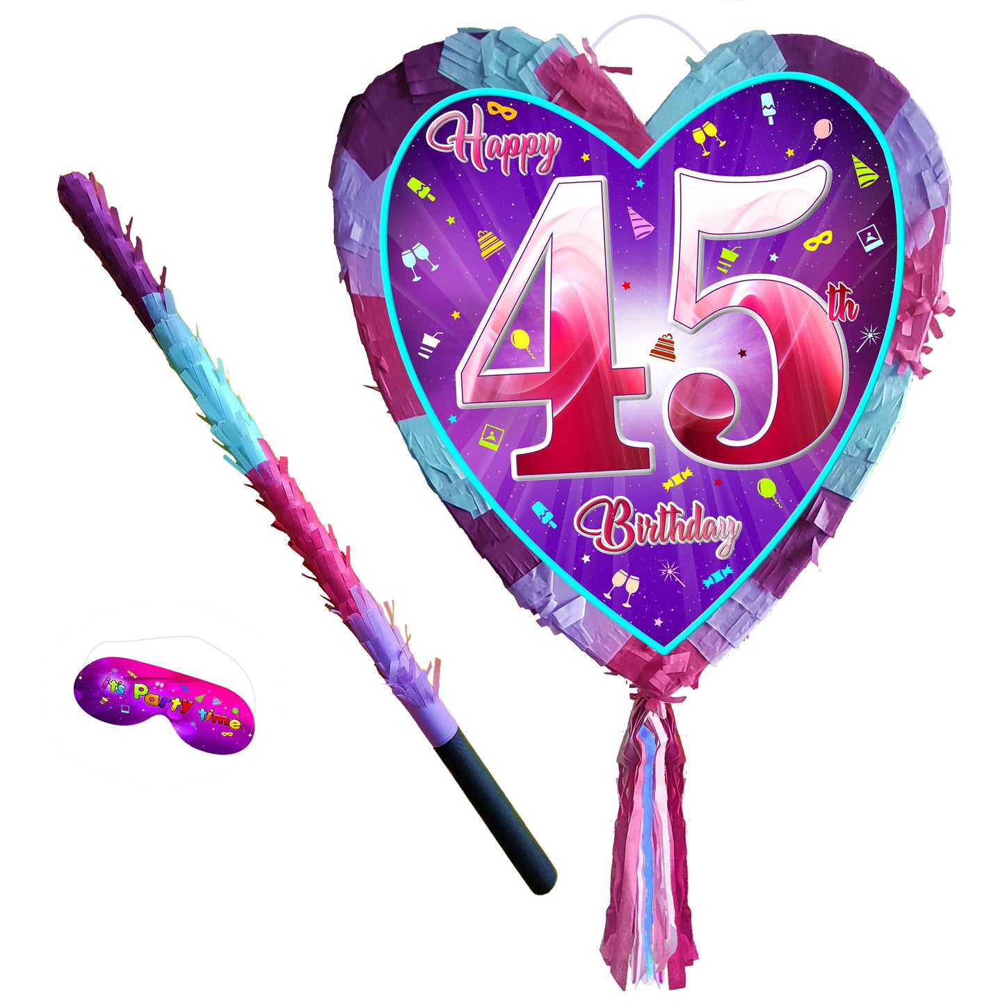 45th Birthday heart pinata with stick forty-five Piñata girls Party love theme supplies happy Game forty-fifth year pink purple fun 45 UK