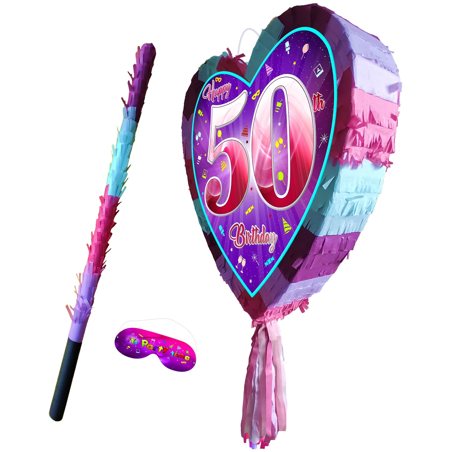 50th Birthday heart pinata with stick fiftieth Piñata girls Party love theme supplies happy Game fifty year pink purple 50 Ladies jubilee