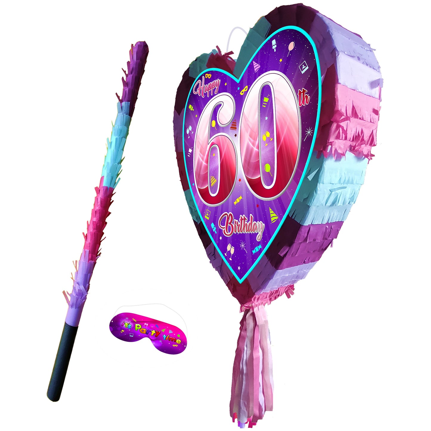 60th Birthday heart pinata with stick sixty Piñata girls Party love theme supplies happy Game sixtieth year pink purple 60 Ladies jubilee