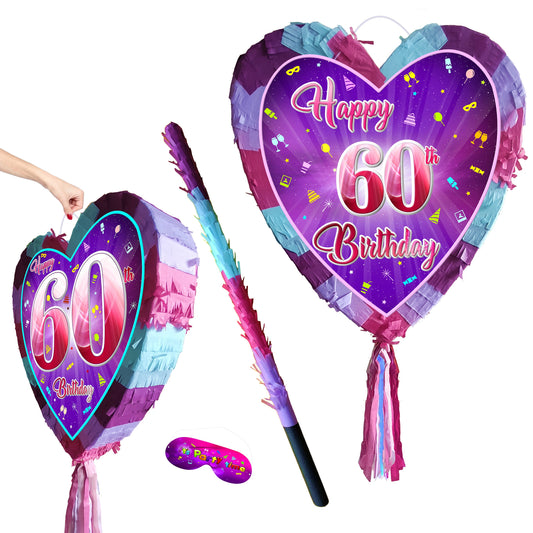 60th Birthday heart pinata with stick sixty Piñata girls Party love theme supplies happy Game sixtieth year pink purple 60 Ladies jubilee