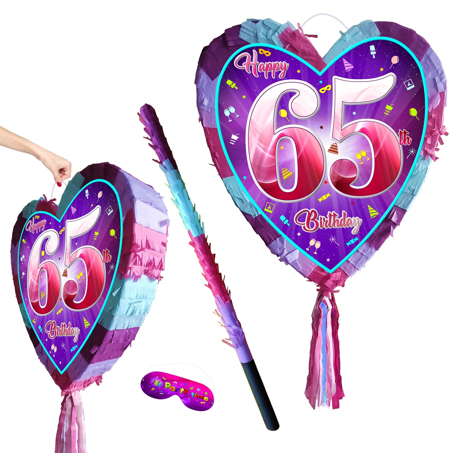 65th Birthday heart pinata with stick girls Party love theme supplies Piñata happy Game sixty fifth five year pink purple 65 diamond jubilee