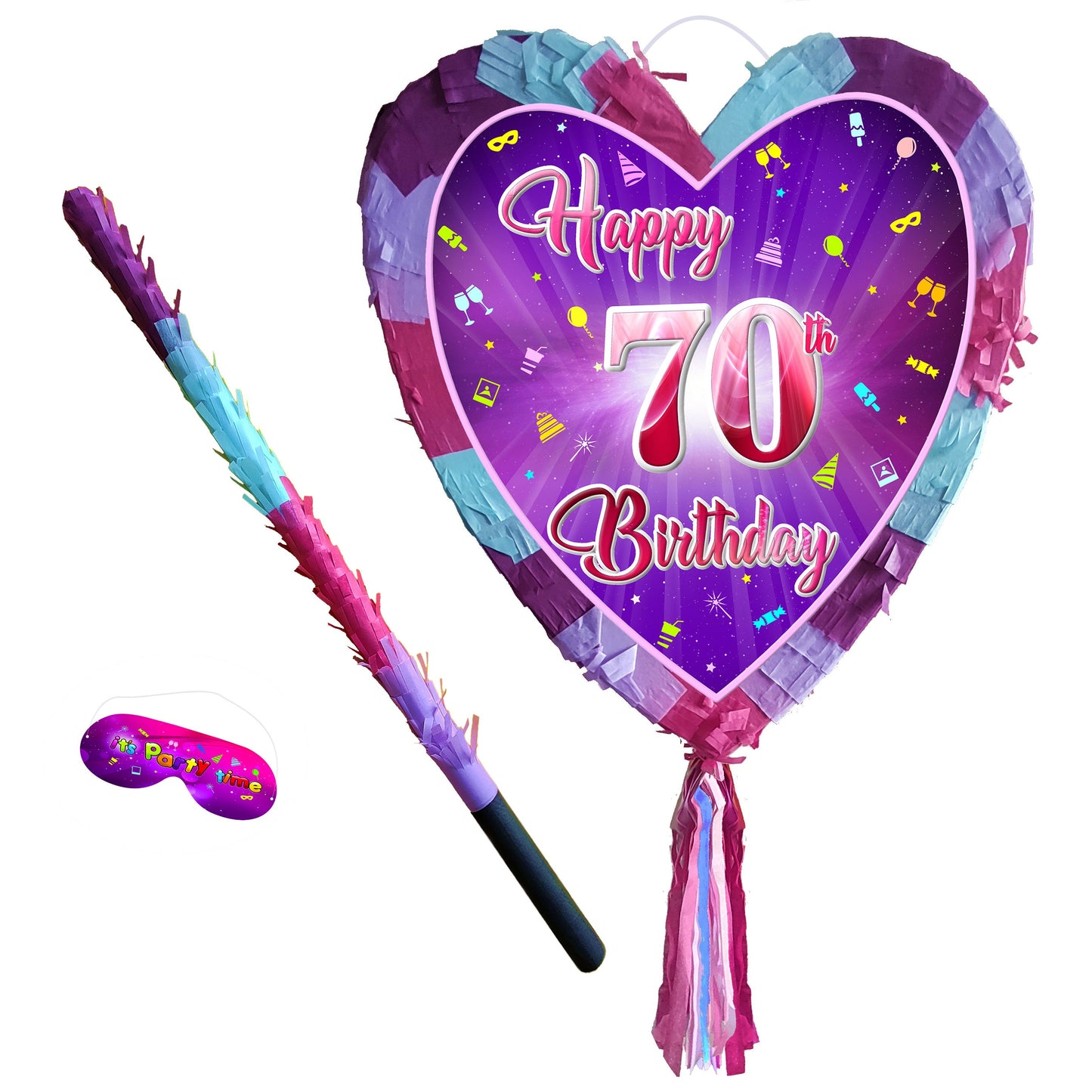 70th Birthday heart pinata with stick seventy Piñata girls Party love theme supplies happy Game seventieth year 70 Ladies platinum jubilee