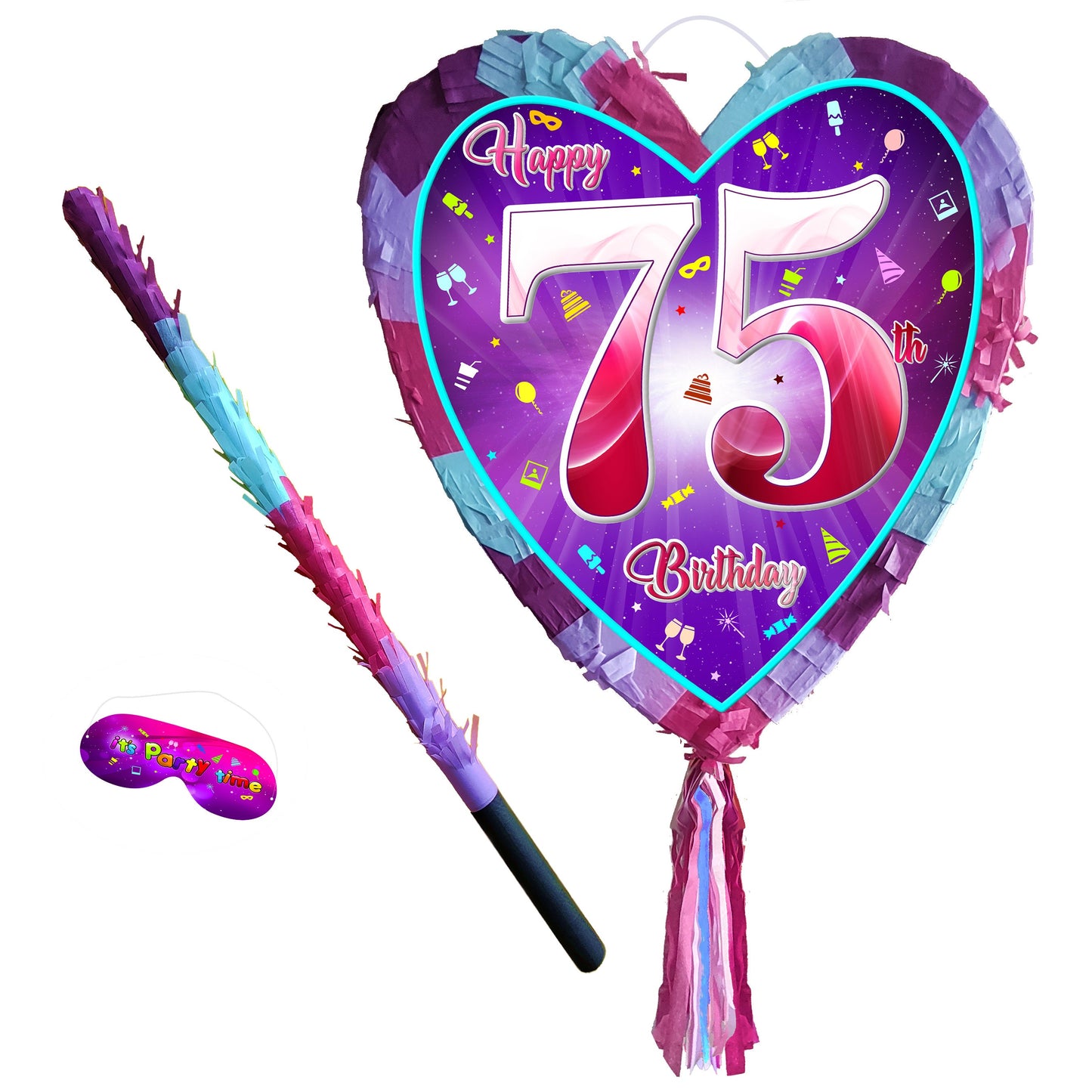 75th Birthday heart pinata with stick girls Party love theme supplies Piñata happy Game seventy fifth five year women 75 platinum jubilee UK