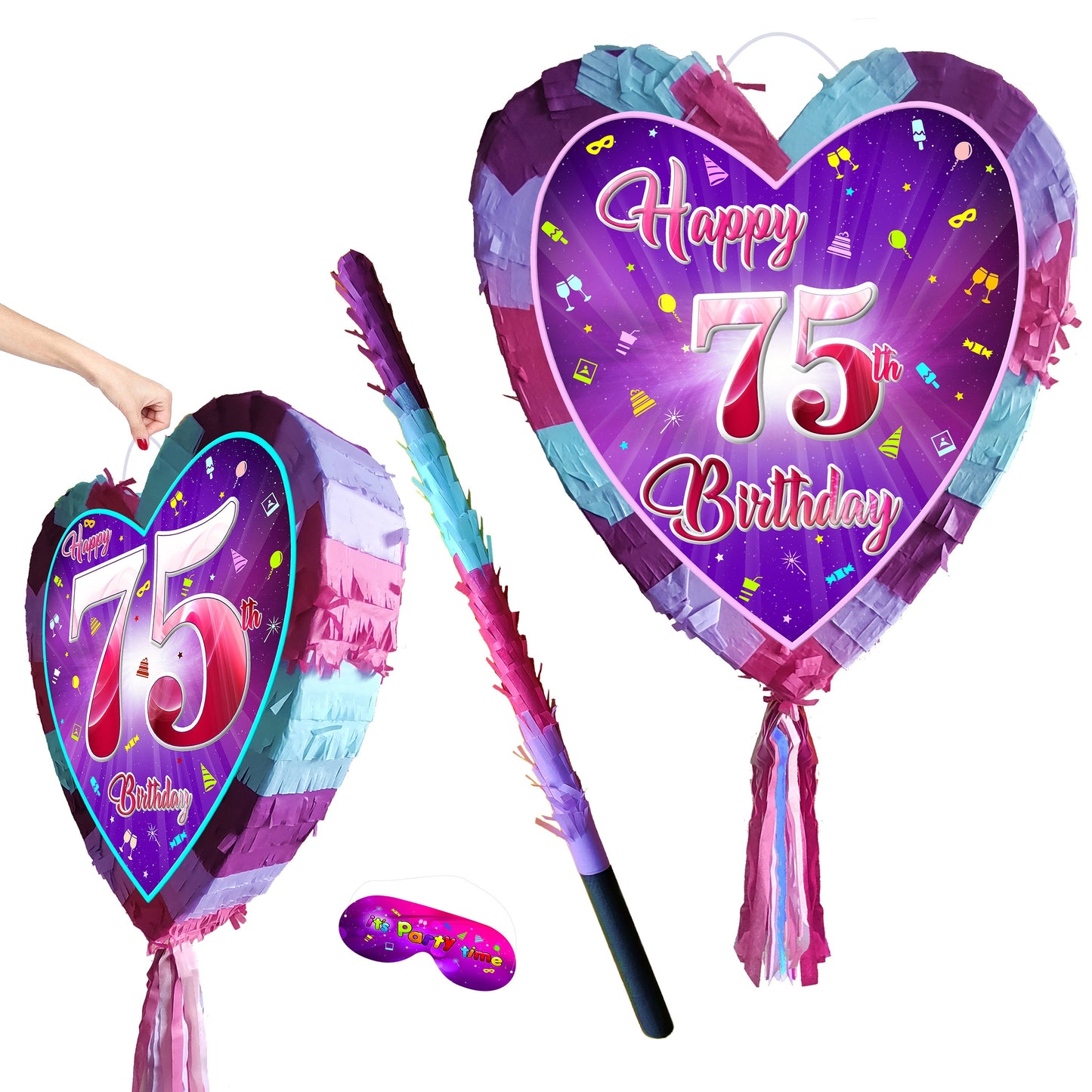 75th Birthday heart pinata with stick girls Party love theme supplies Piñata happy Game seventy fifth five year women 75 platinum jubilee UK