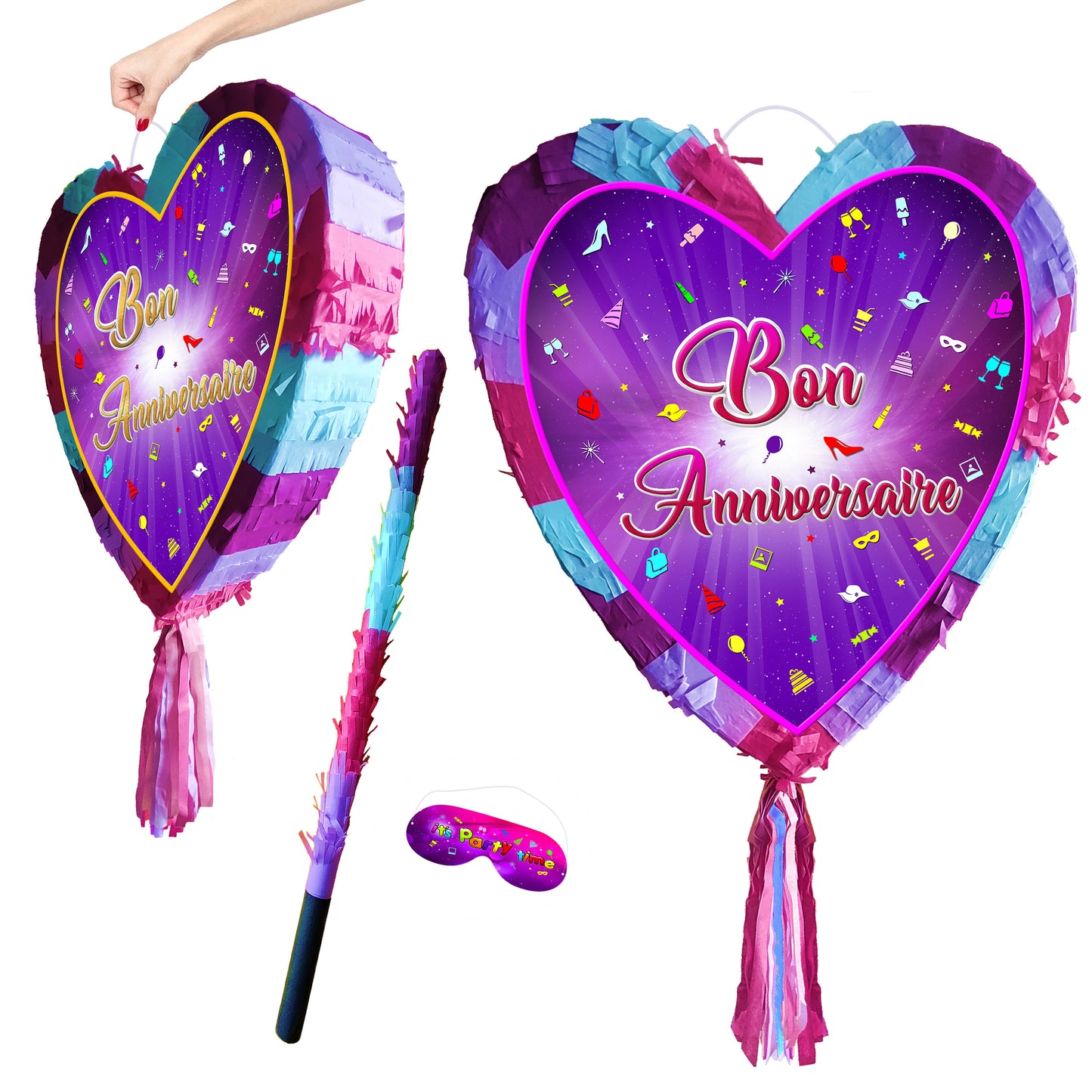 Bon Anniversaire heart Pinata with stick love Party happy birthday Game jeu d'anniversaire