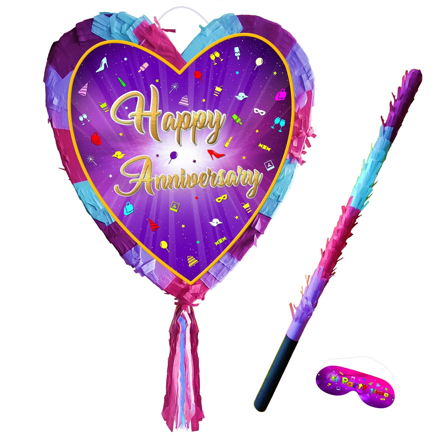 Happy Anniversary heart Pinata with stick love theme supplies party game marriage wedding partner engagement golden silver Valentines day