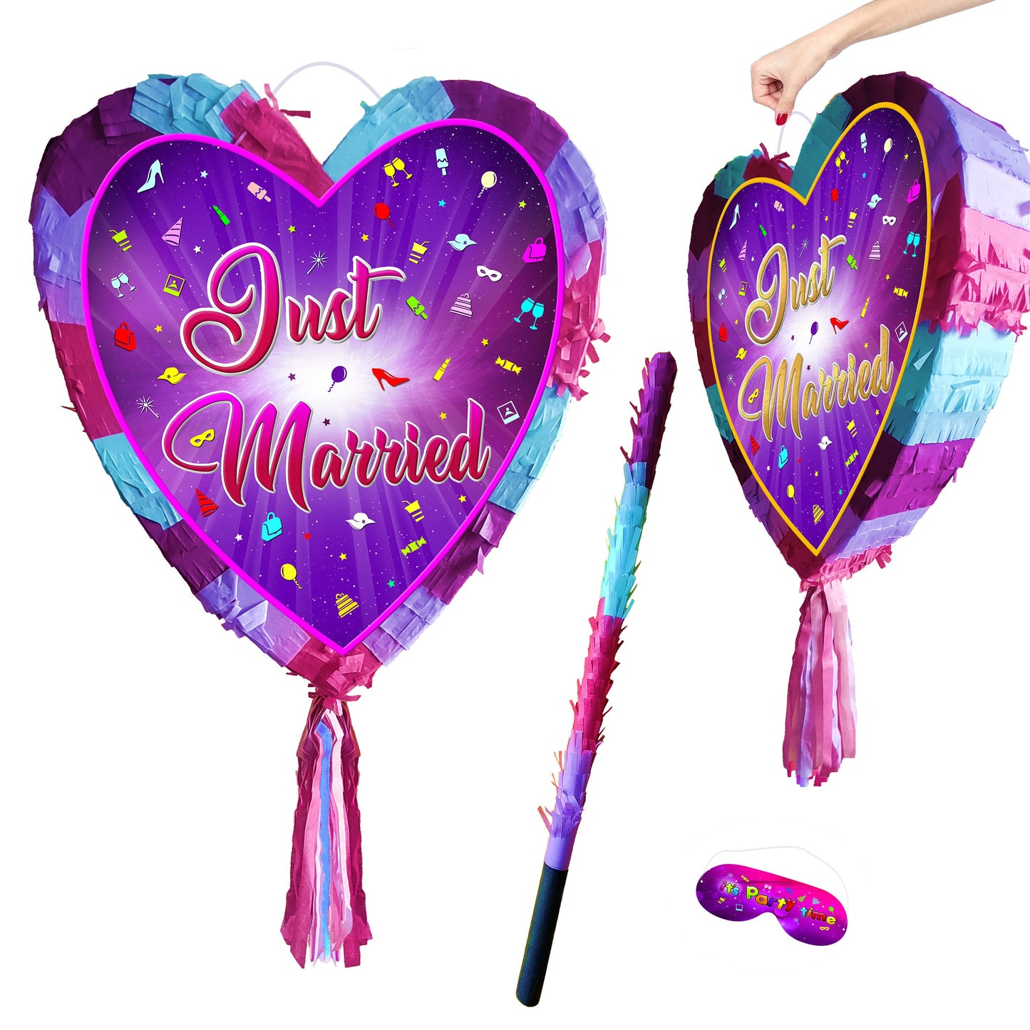 Just Married heart Pinata with stick love theme supplies party game Honeymoon wedding partner newlywed couple Event surprise Valentines day