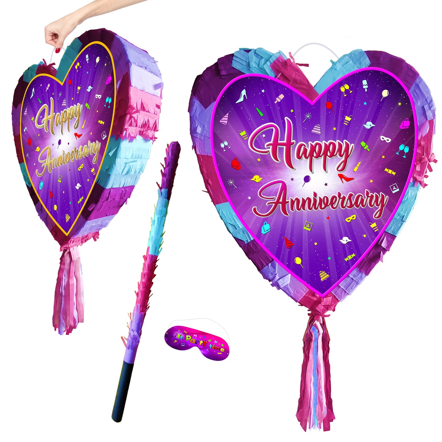 Happy Anniversary heart Pinata with stick love theme supplies party game marriage wedding partner engagement golden silver Valentines day