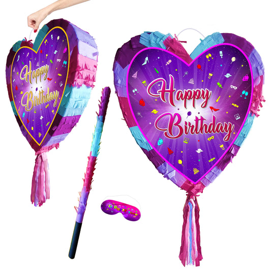 Happy Birthday heart Pinata with stick lovely theme supplies party Girls Party game pink purple day out garden outdoor unicorn decorations