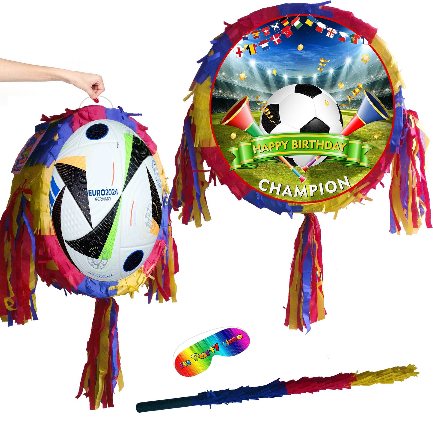 Football Piñata with stick blindfold round party fun smashing game soccer league cup champions ball birthday event theme world English Euro