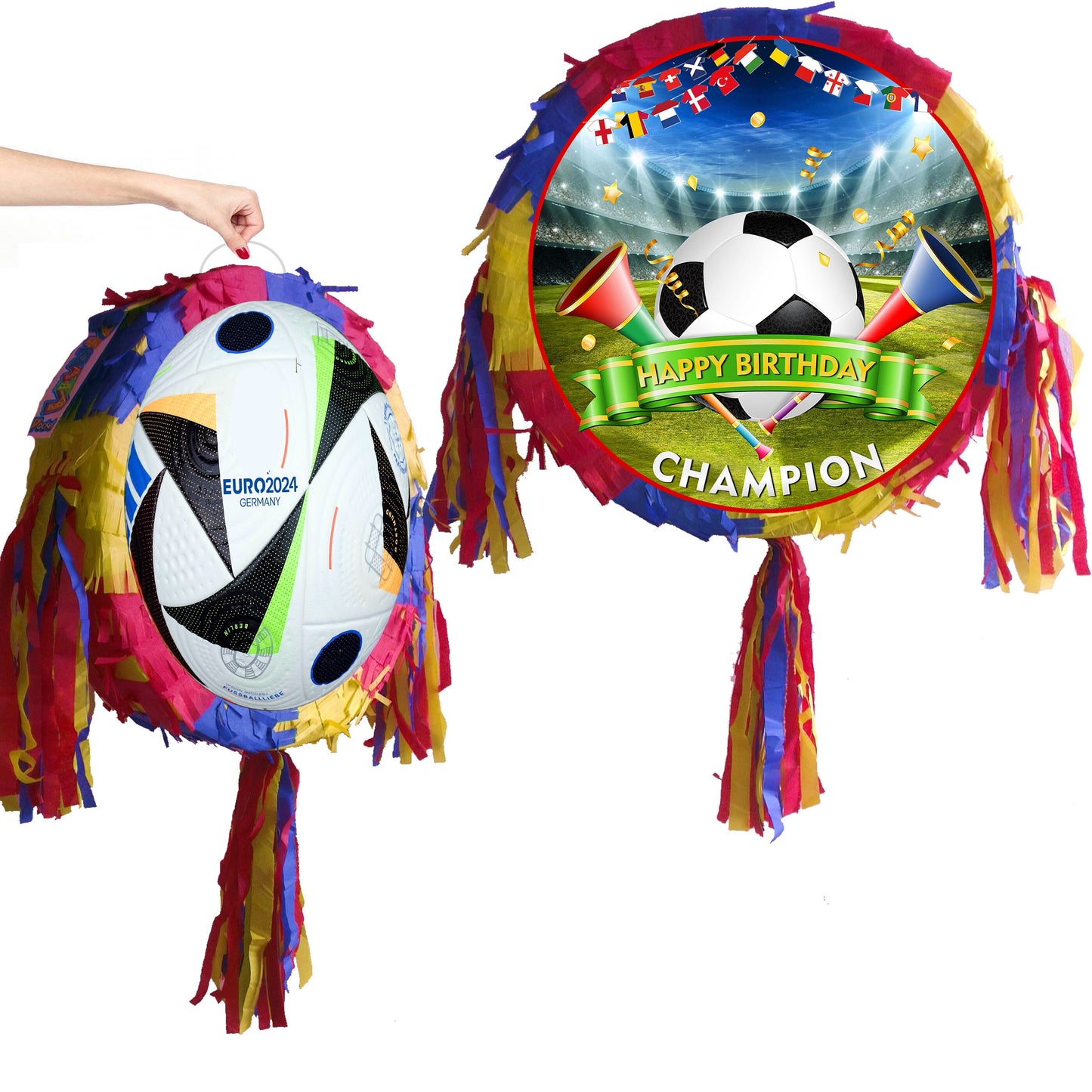 Football Piñata with stick blindfold round party fun smashing game soccer league cup champions ball birthday event theme world English Euro