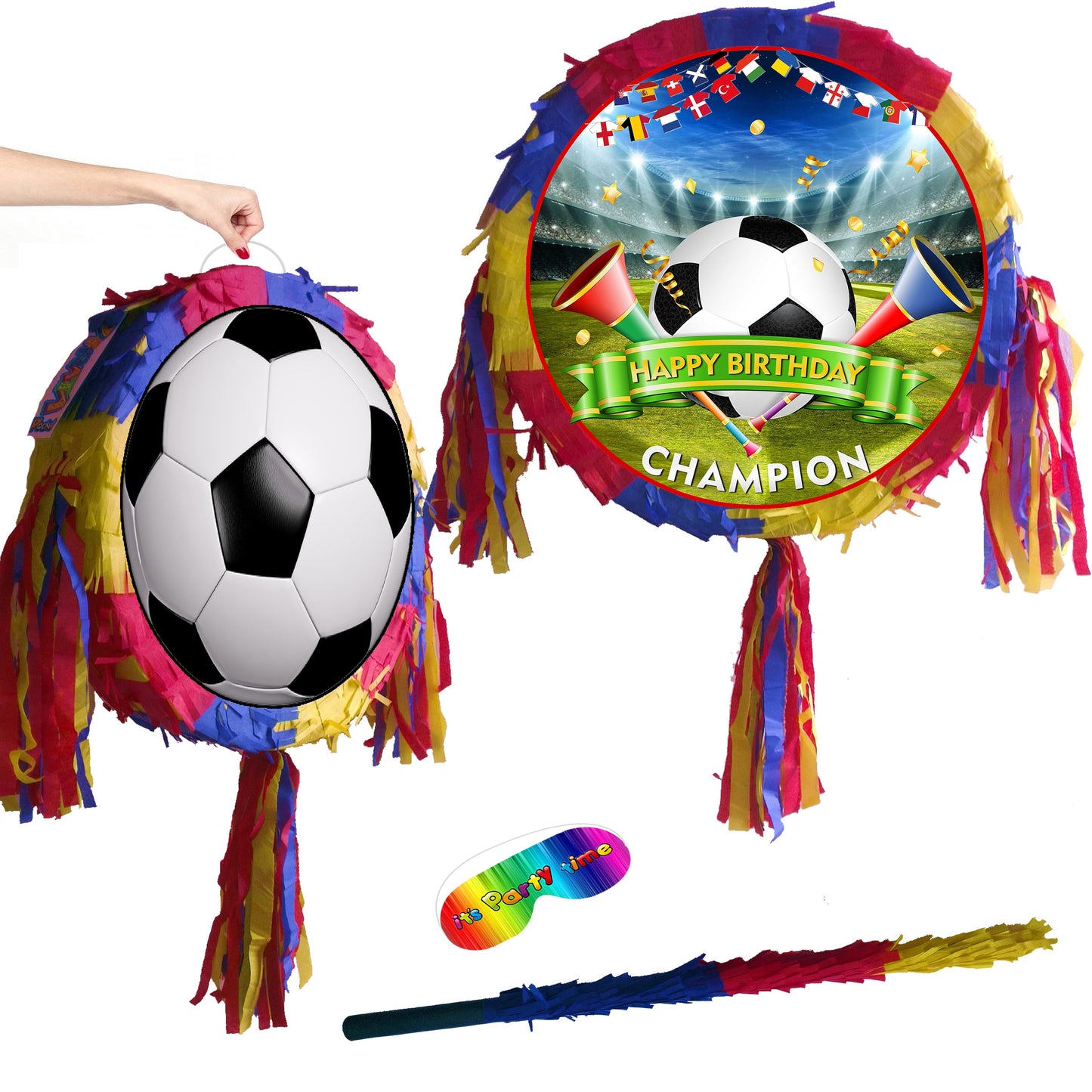 Football Piñata with stick blindfold round party fun smashing game soccer league cup champions ball birthday event theme world English Euro