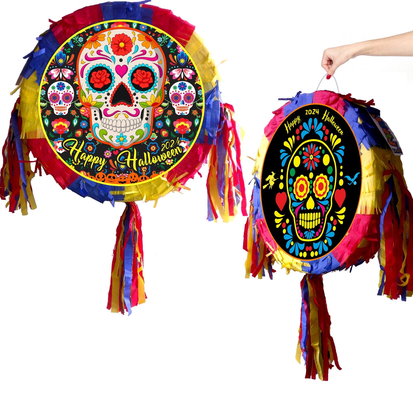 Round Skull Piñata set Halloween theme Party pinata supplies birthday stick blindfold Scary Creepy happy game trick or treat Calavera UK