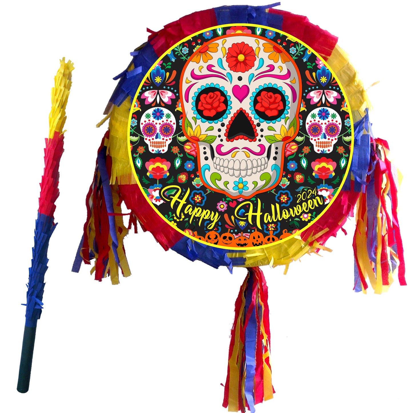 Round Skull Piñata set Halloween theme Party pinata supplies birthday stick blindfold Scary Creepy happy game trick or treat Calavera UK