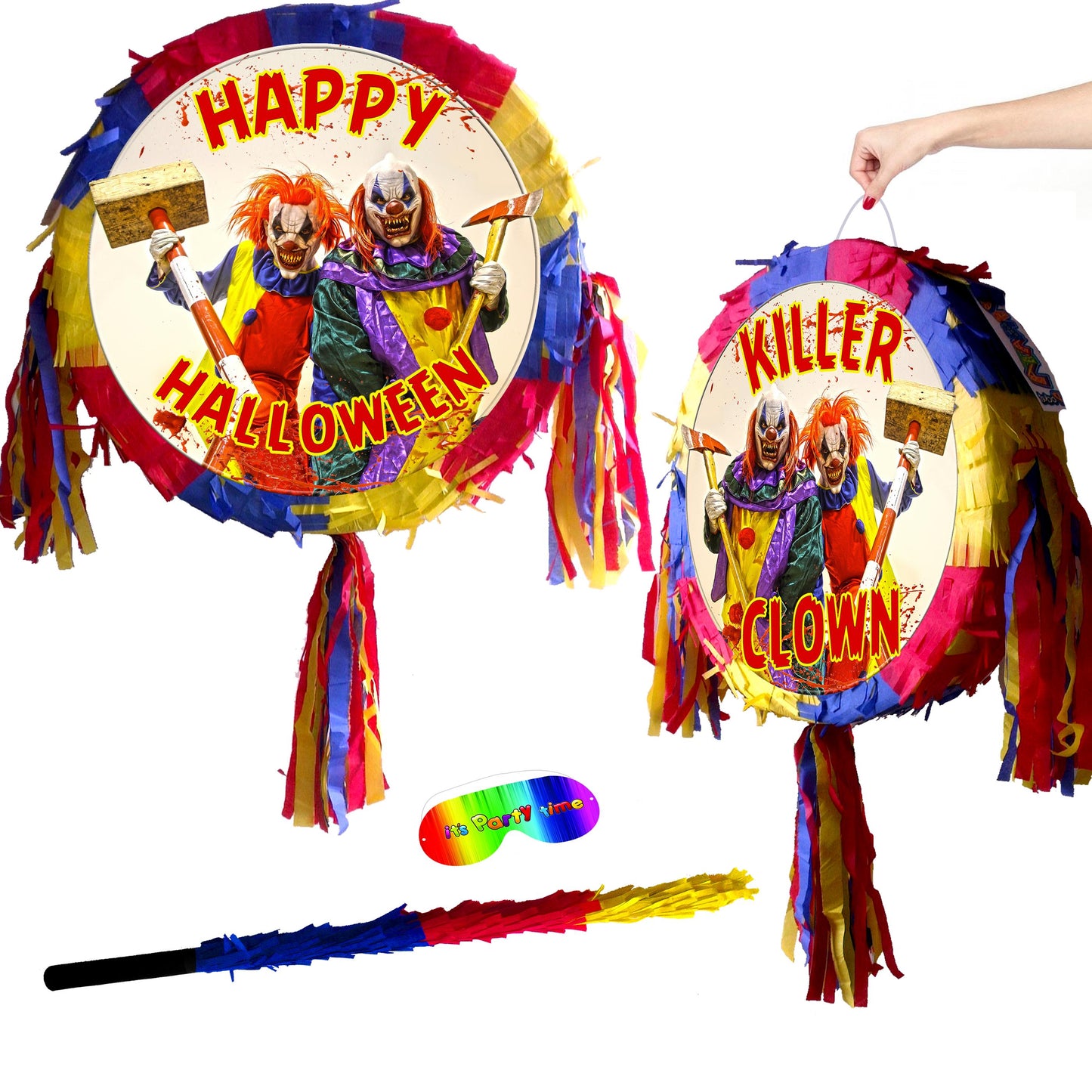 Killer Clown Piñata set theme Party pinata supplies happy birthday stick blindfold Halloween Scary Creepy apocalypse Zombie Joker vampire