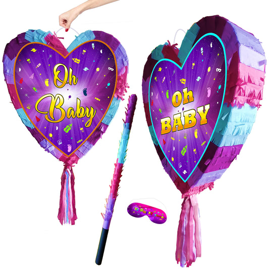 oh baby Pinata with stick heart theme Smash Game Baby Shower celebrate fun enjoy guess the gender boy girl supplies mother to be kid girl UK
