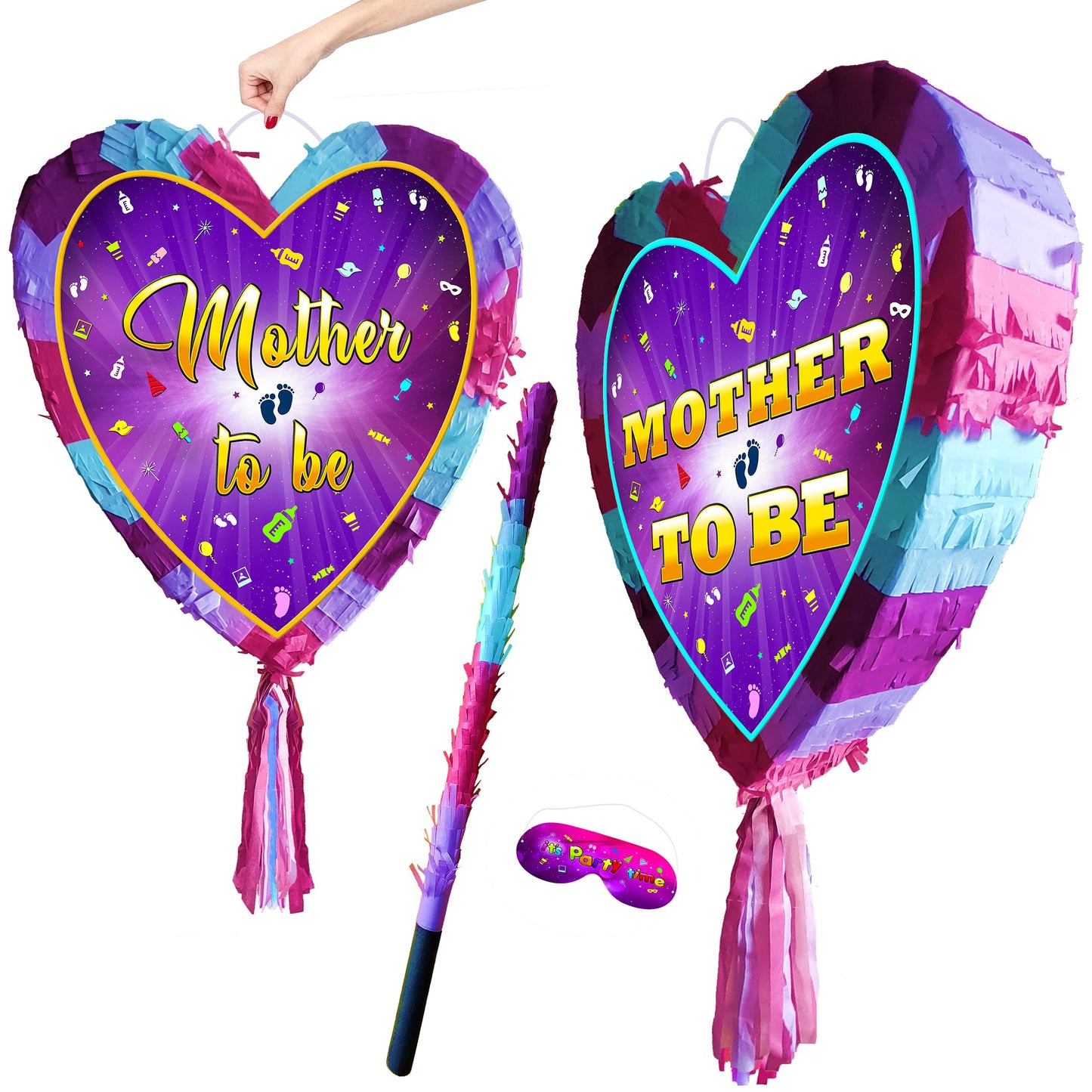 Mother to be Pinata with stick heart theme Smash Game Baby Shower celebrate fun enjoy guess the gender supplies girl kids ladies pregnancy
